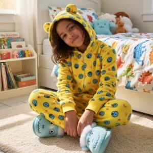 Macacão Infantil Unissex Smile Amarelo Microfibra Longo Soltinho Capuz Orelhinha Tamanho G 10/12 ANOS